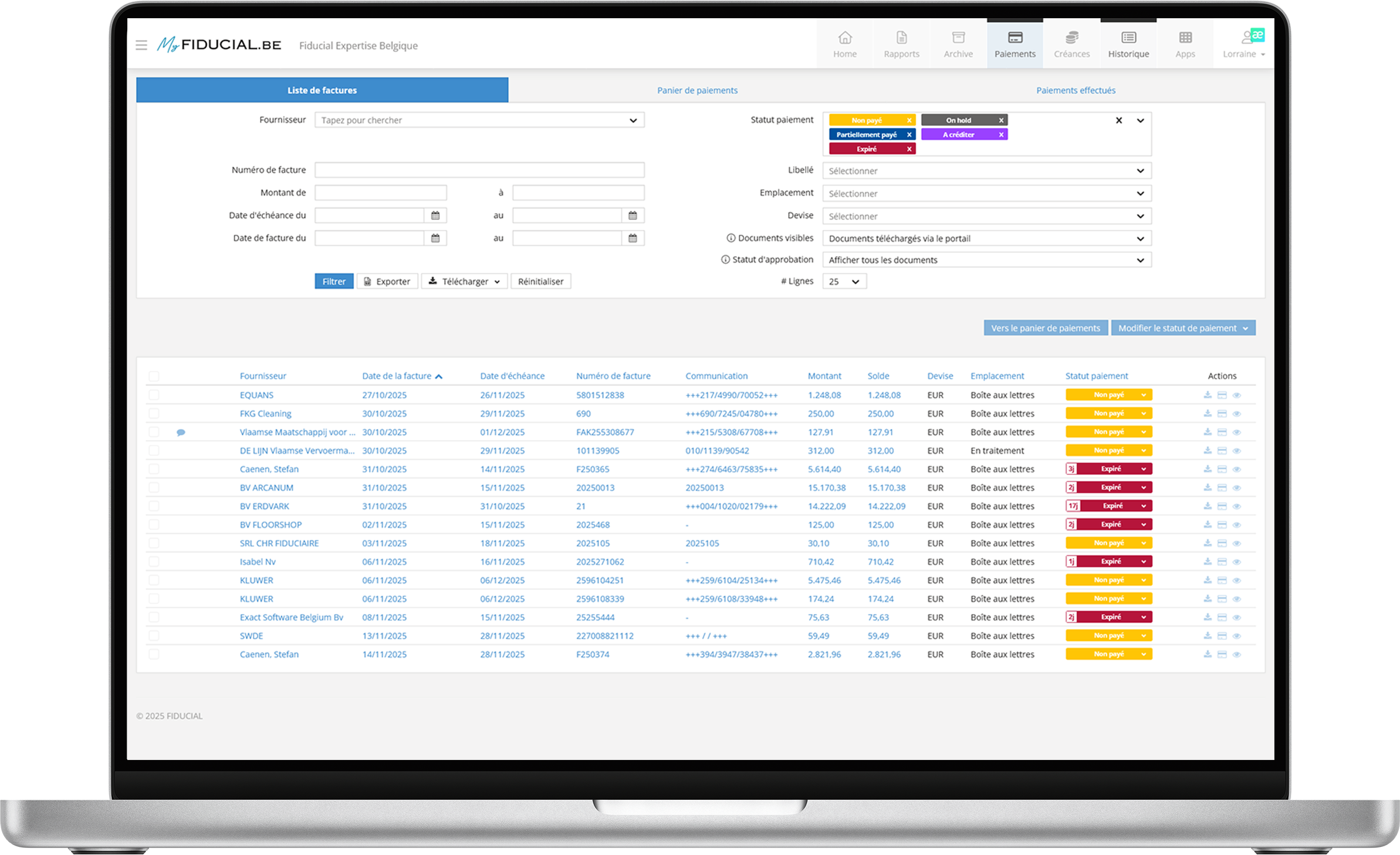 Site MyFiducialBe Payments List